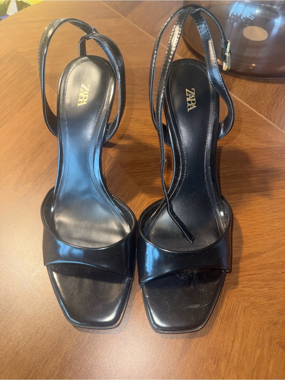 ZARA Black Patent Square-Toe Slingback Heels